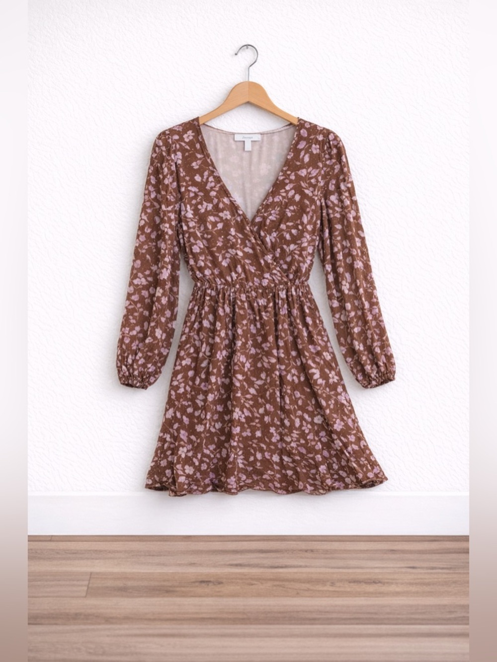 Nine West Brown Floral Mini Dress Long Sleeve Flowy Fall Dress Size XS